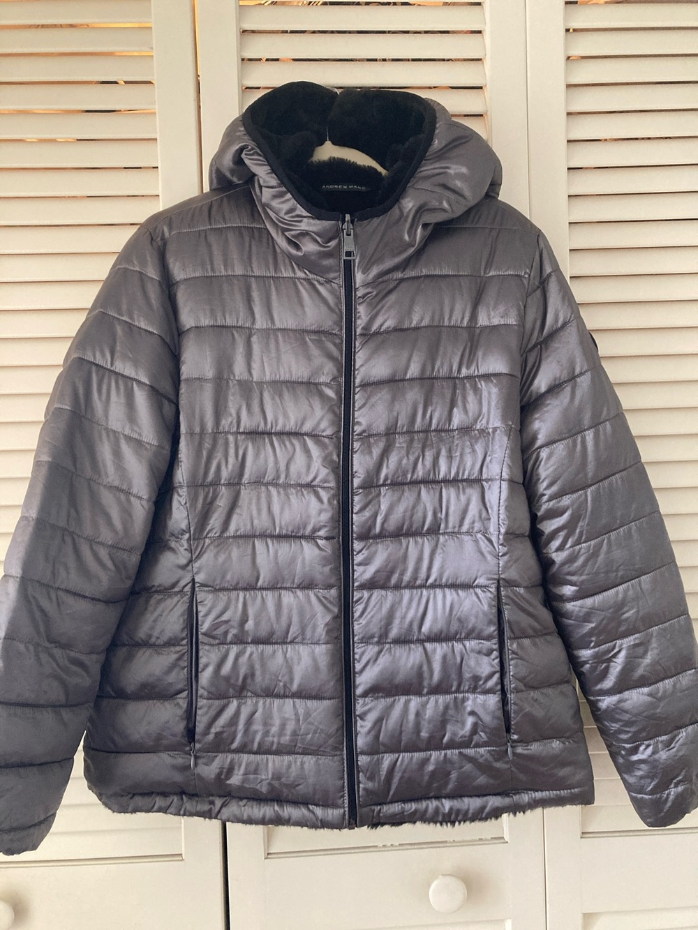 Reversible Andrew Marc Faux Fur or Metallic Puffer Jacket with Hood WARM🩶